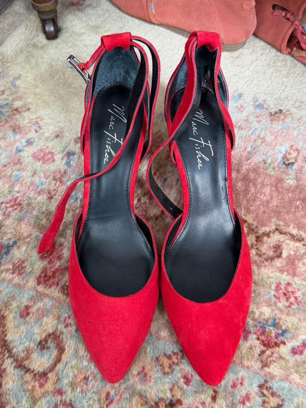 Marc Fisher Red Suede Pointed Toe Ankle Tie Pumps